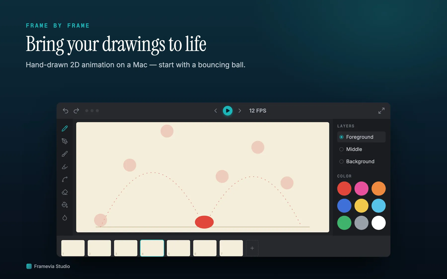 Framevia Studio workspace showing frame-by-frame animation with the timeline visible below the canvas