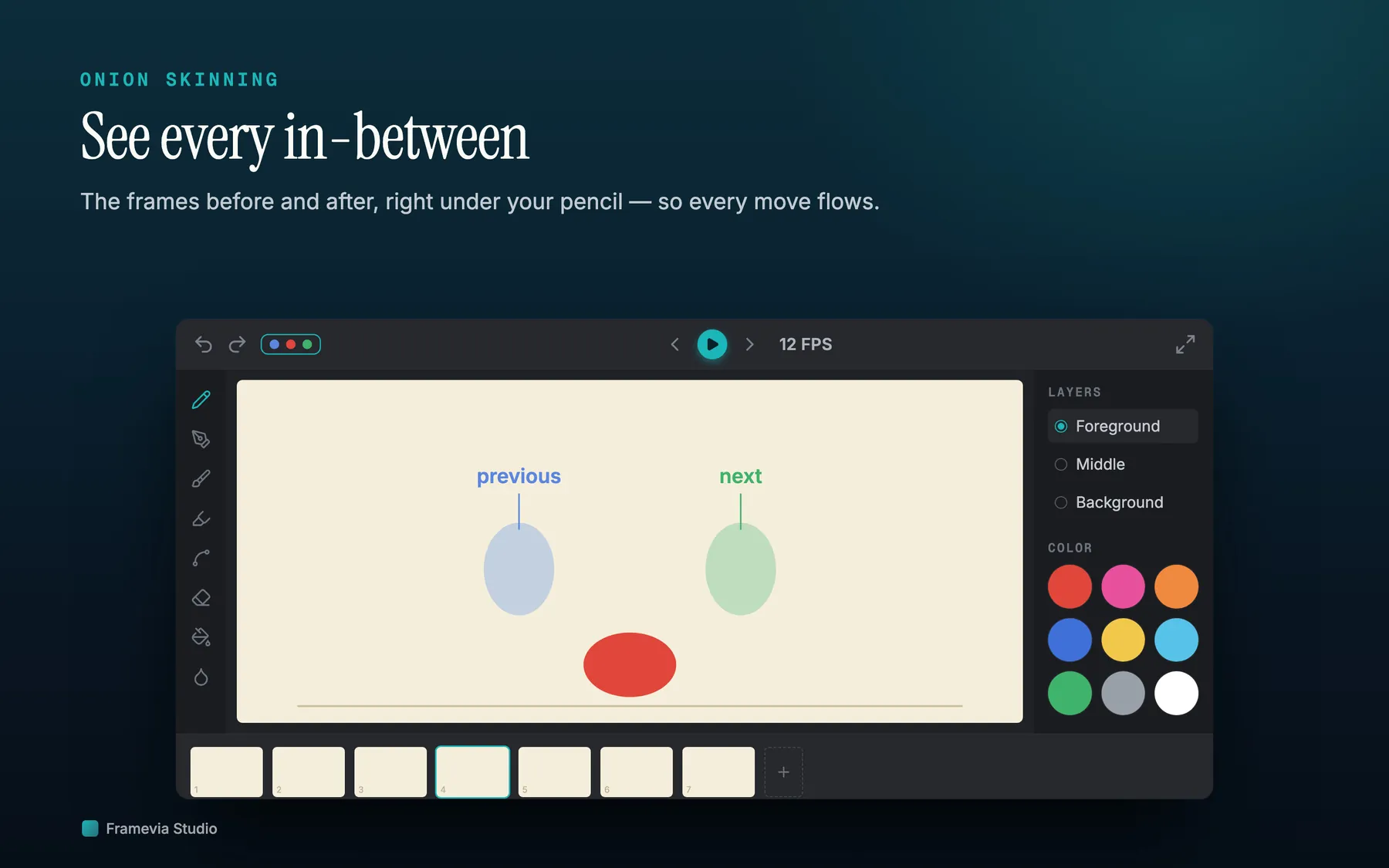 Framevia Studio onion skin mode showing neighboring animation frames behind the current drawing