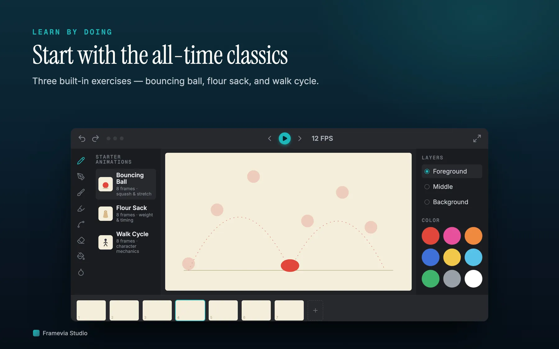 Starter animation gallery in Framevia Studio with beginner exercises ready to open