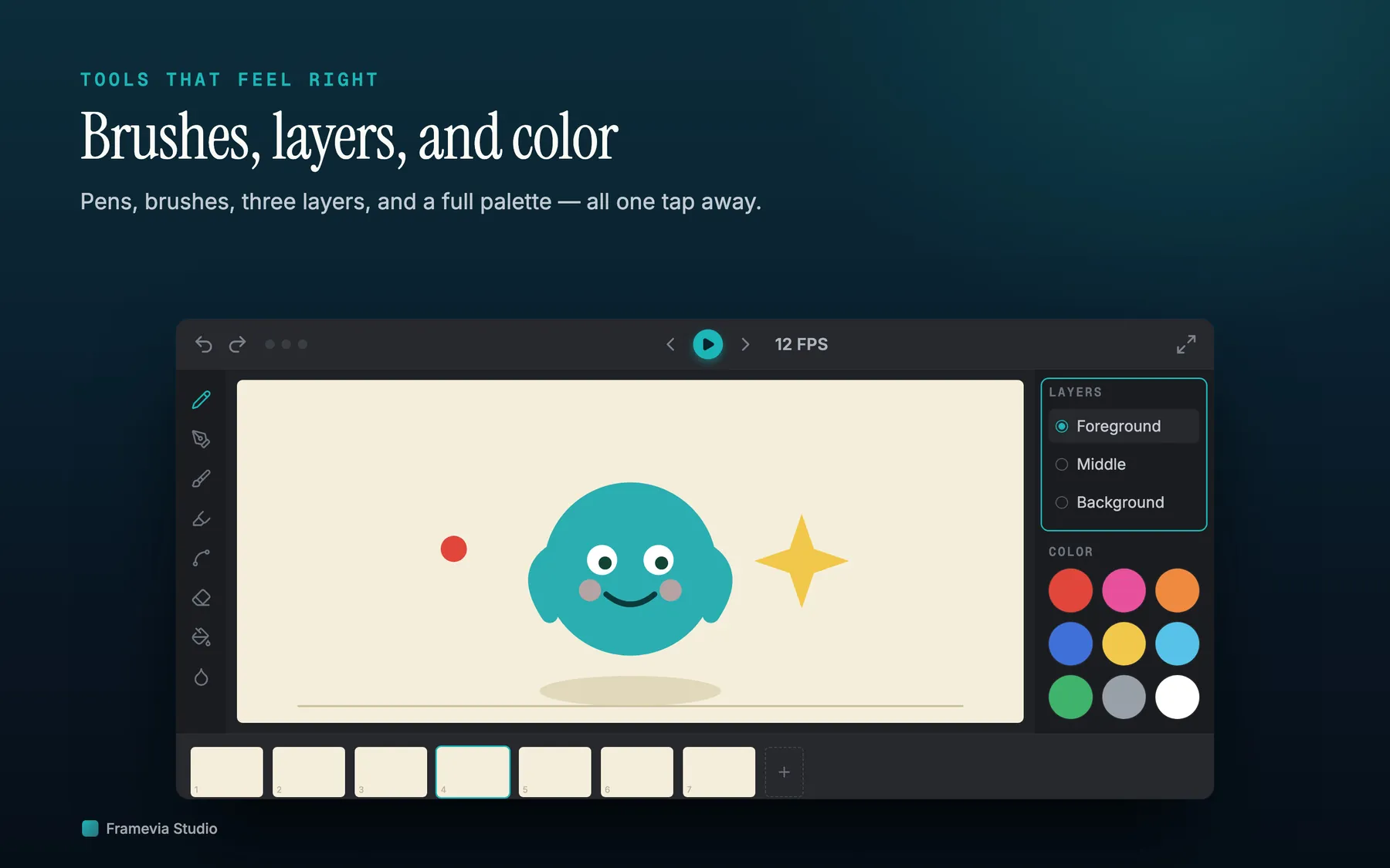Framevia Studio drawing controls showing brushes, layers, and color tools for beginner animation practice