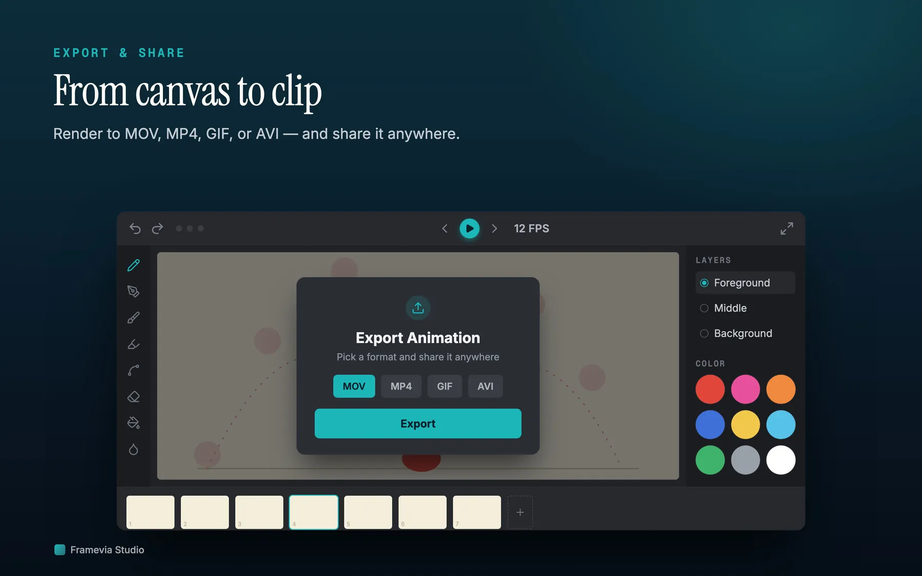 Export dialog with MOV, MP4, GIF, and AVI output options.