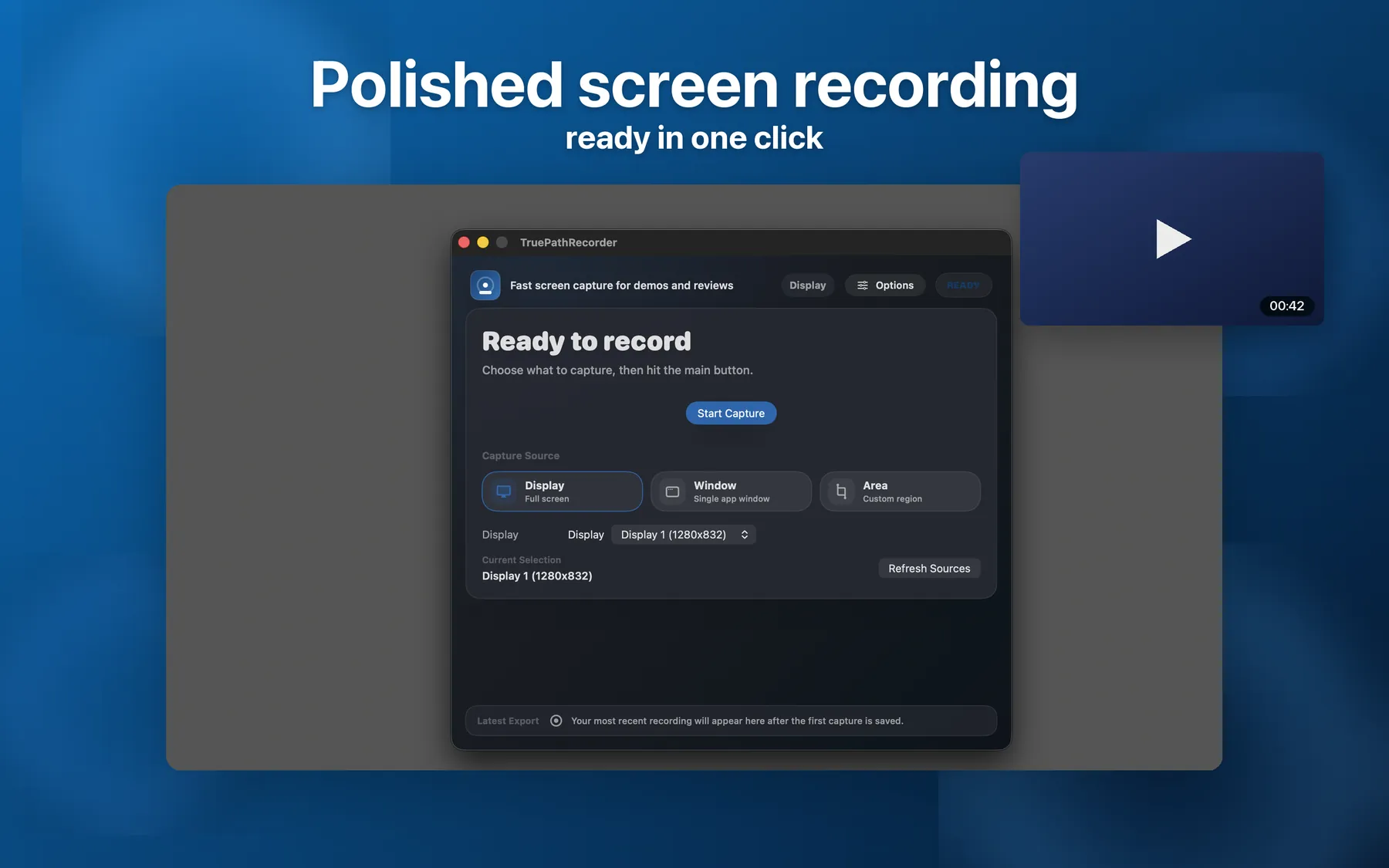 TruePath Recorder main window ready for a new Mac screen capture