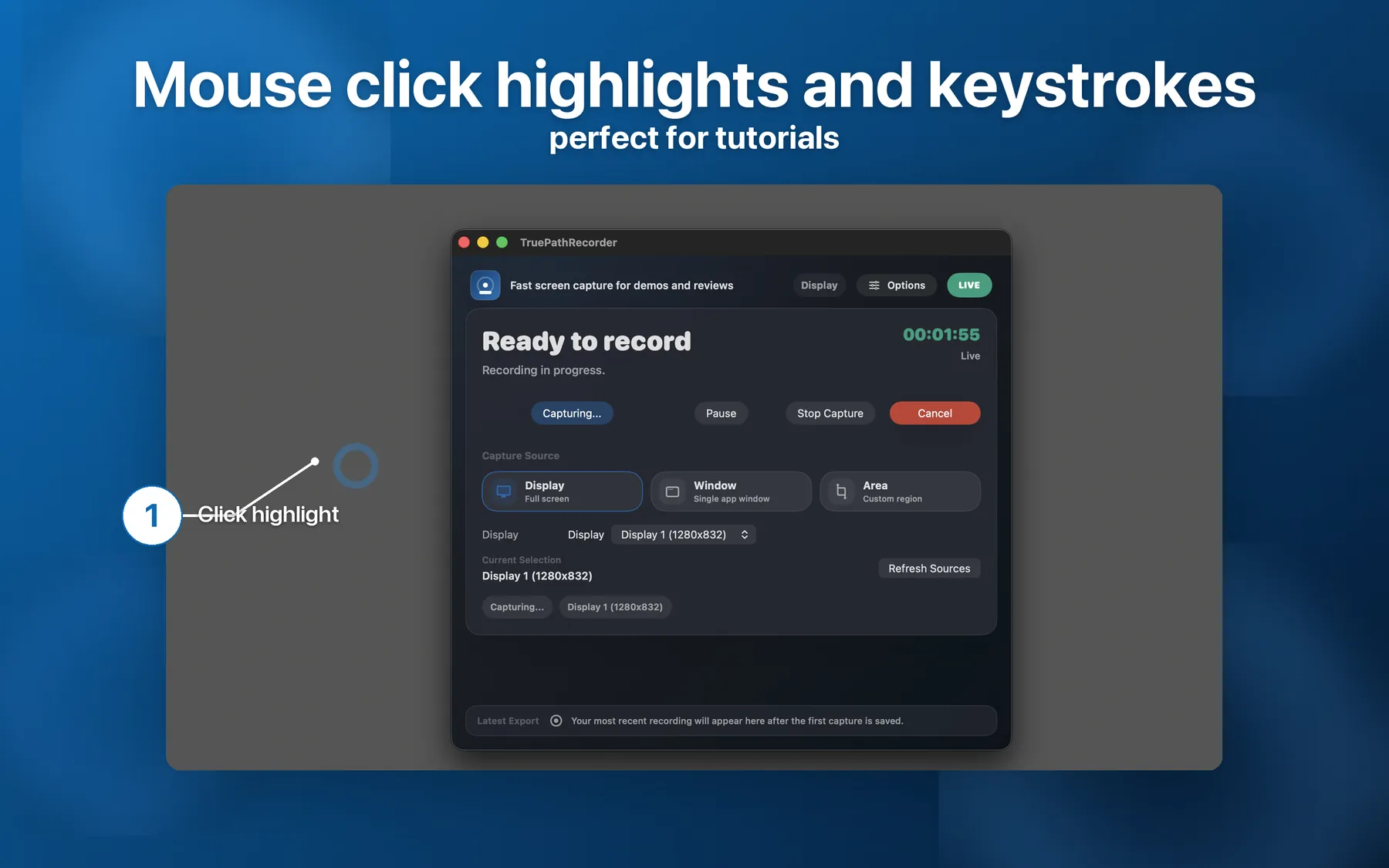 Mouse click highlights and keystroke overlays showing the exact inputs that triggered a software bug