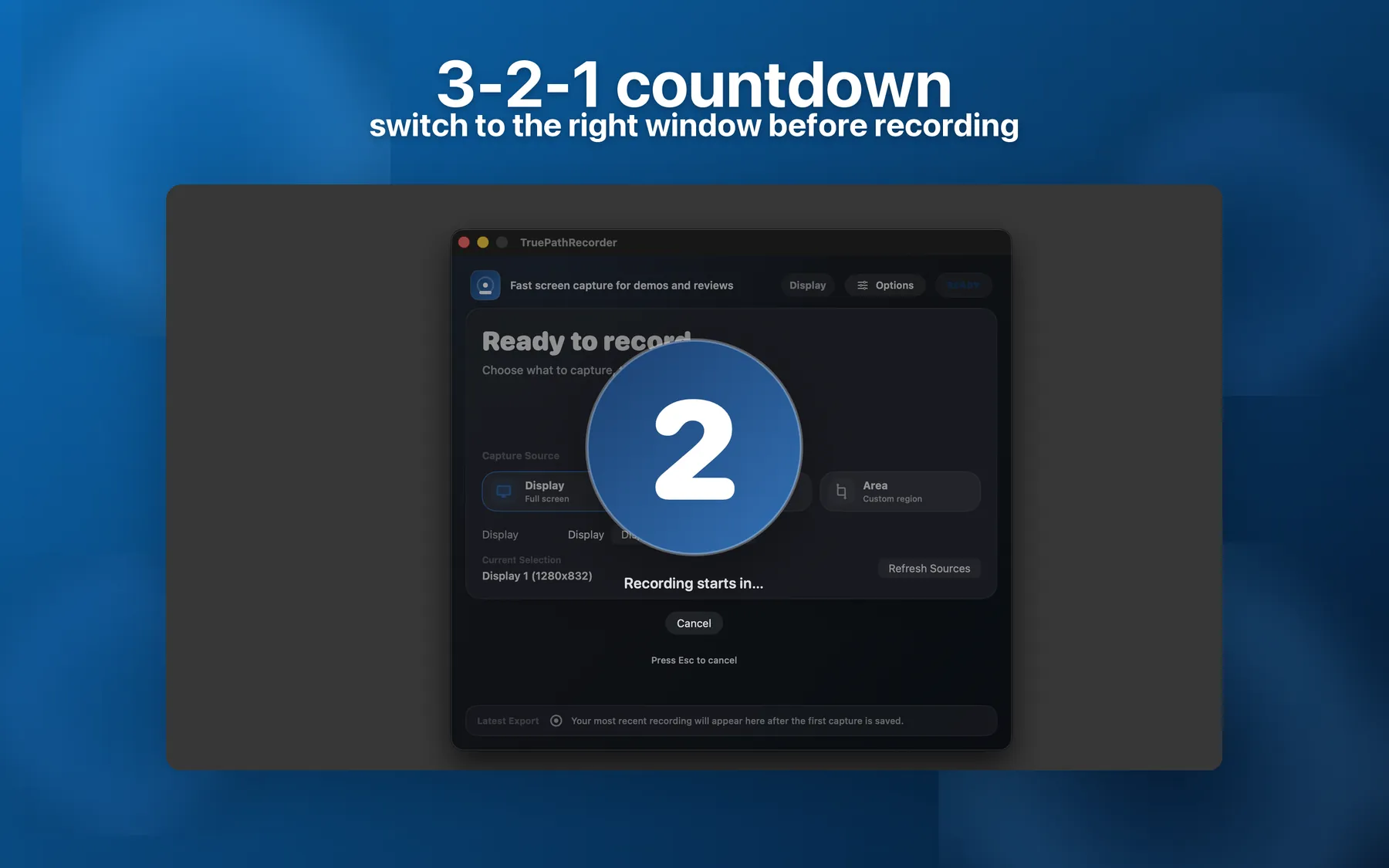 Three-two-one countdown overlay before starting a bug reproduction recording on Mac