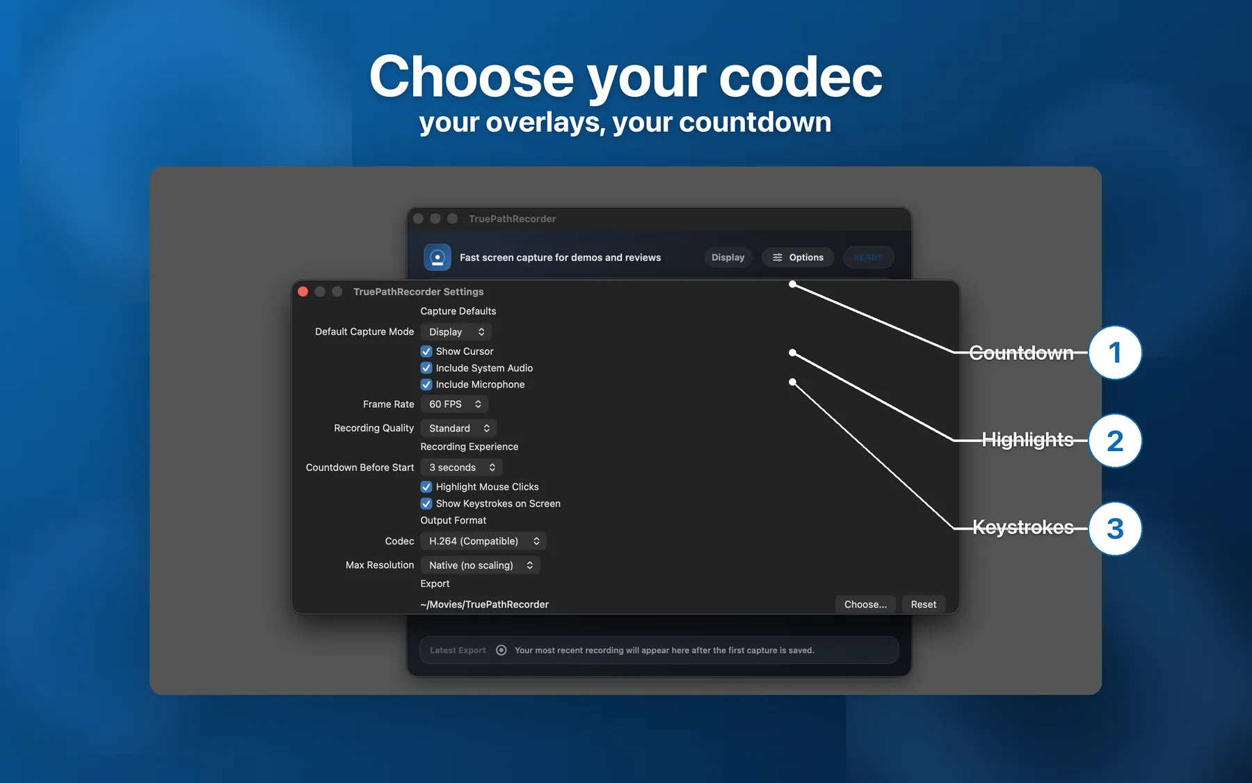 Preferences panel with recording settings and export options inside TruePath Recorder.
