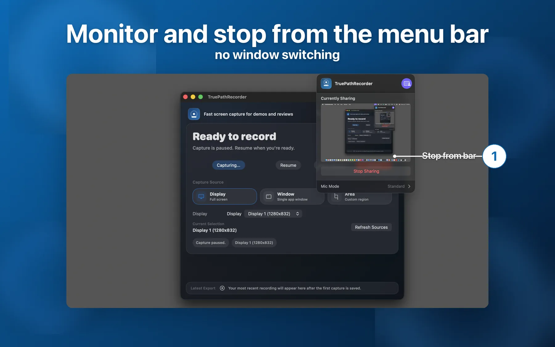 Menu bar status icon and live capture controls visible during an active recording.
