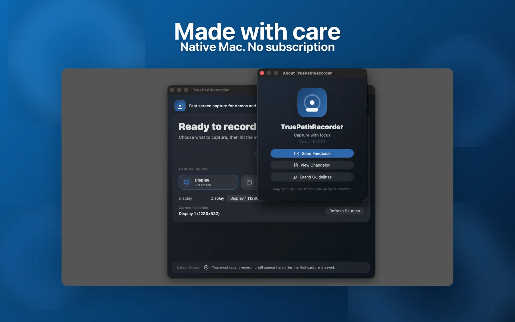 About window showing the app version, feedback link, and changelog link.