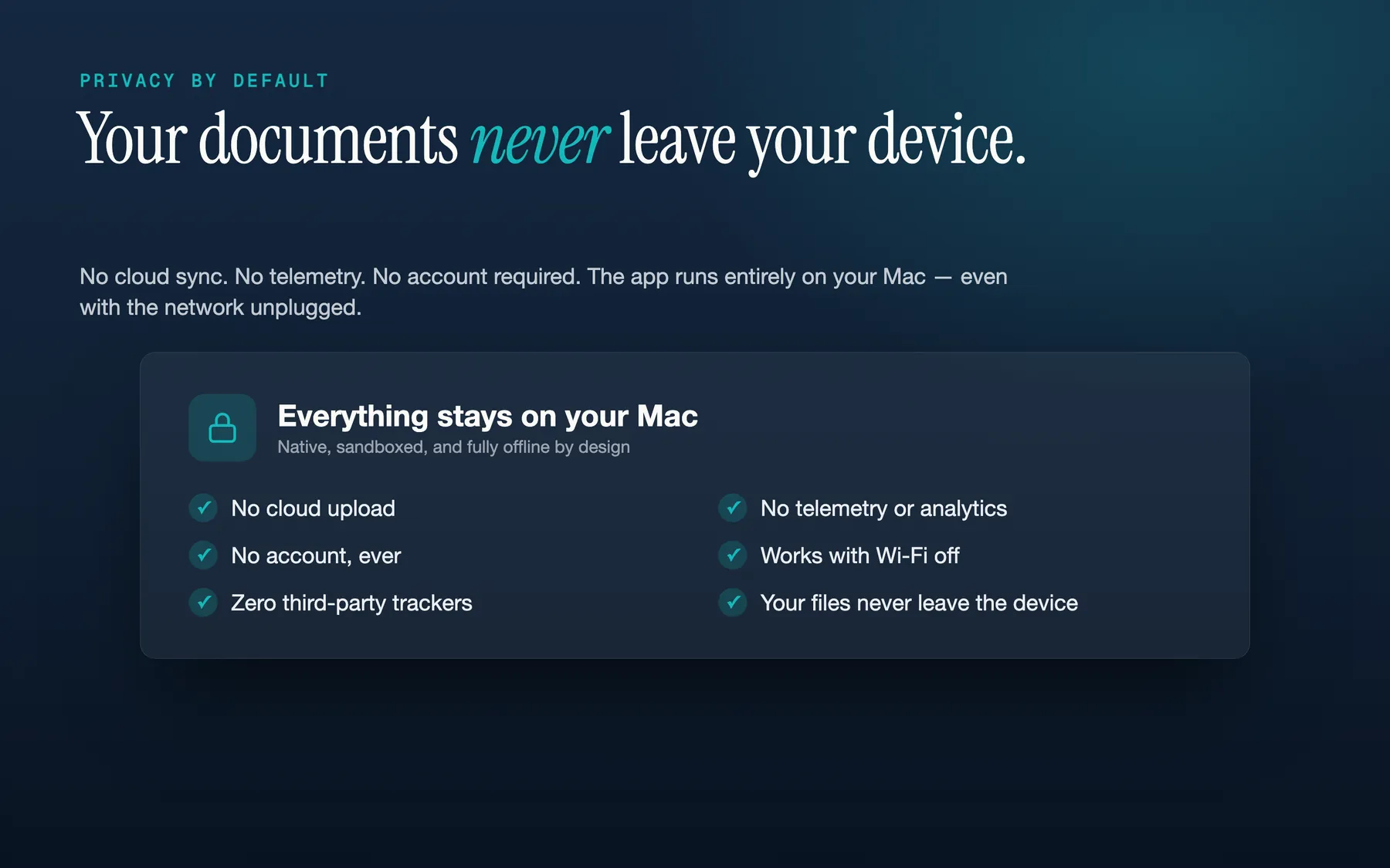 Privacy by default view in TruePath Office showing offline local-first document handling