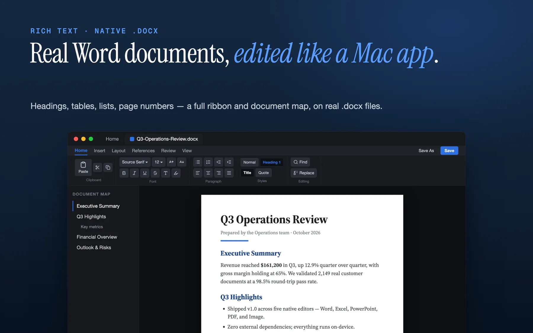 Editing a native .docx Word document in TruePath Office on Mac