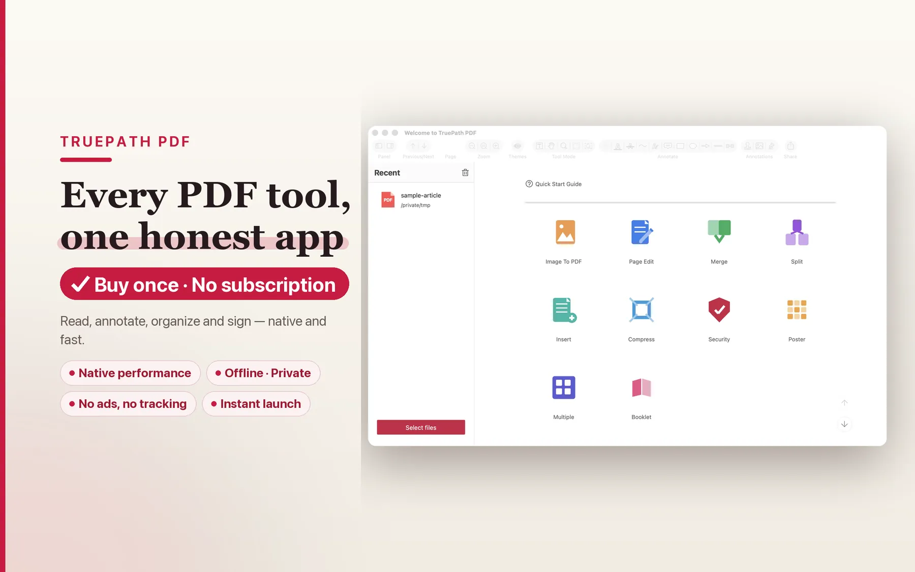 TruePath PDF home view showing locally stored PDF documents on Mac