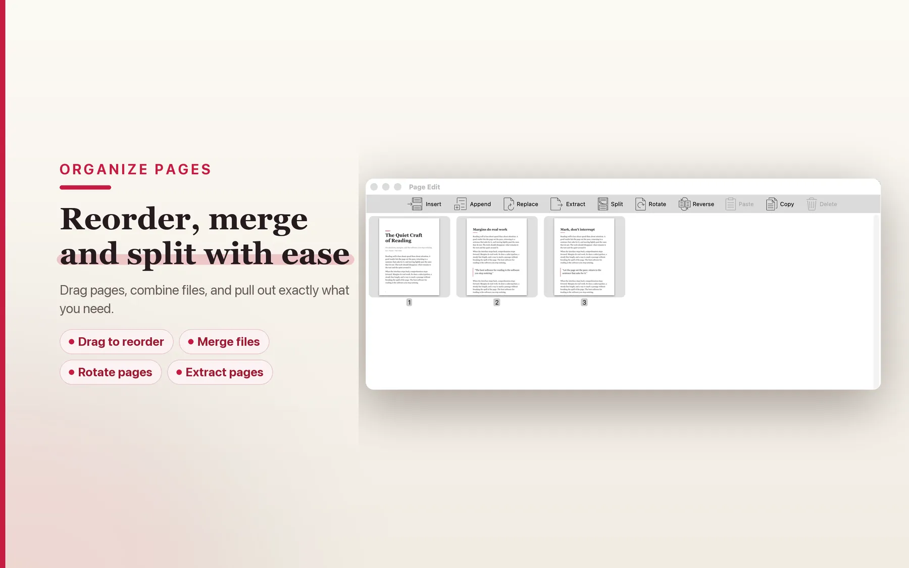 Page organizer in TruePath PDF for reordering and managing PDF pages locally on Mac