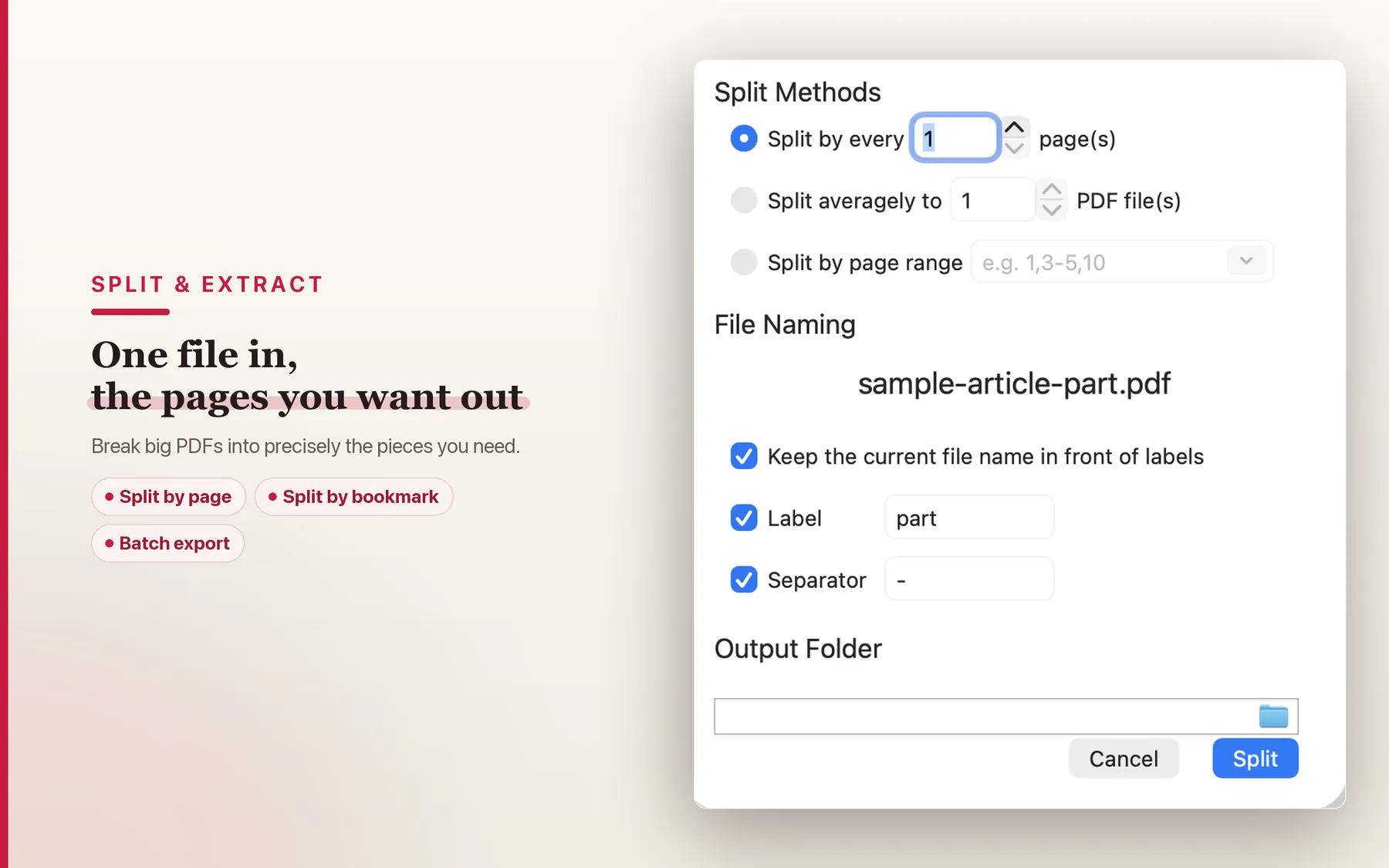 Split tool dividing one PDF into multiple output files.