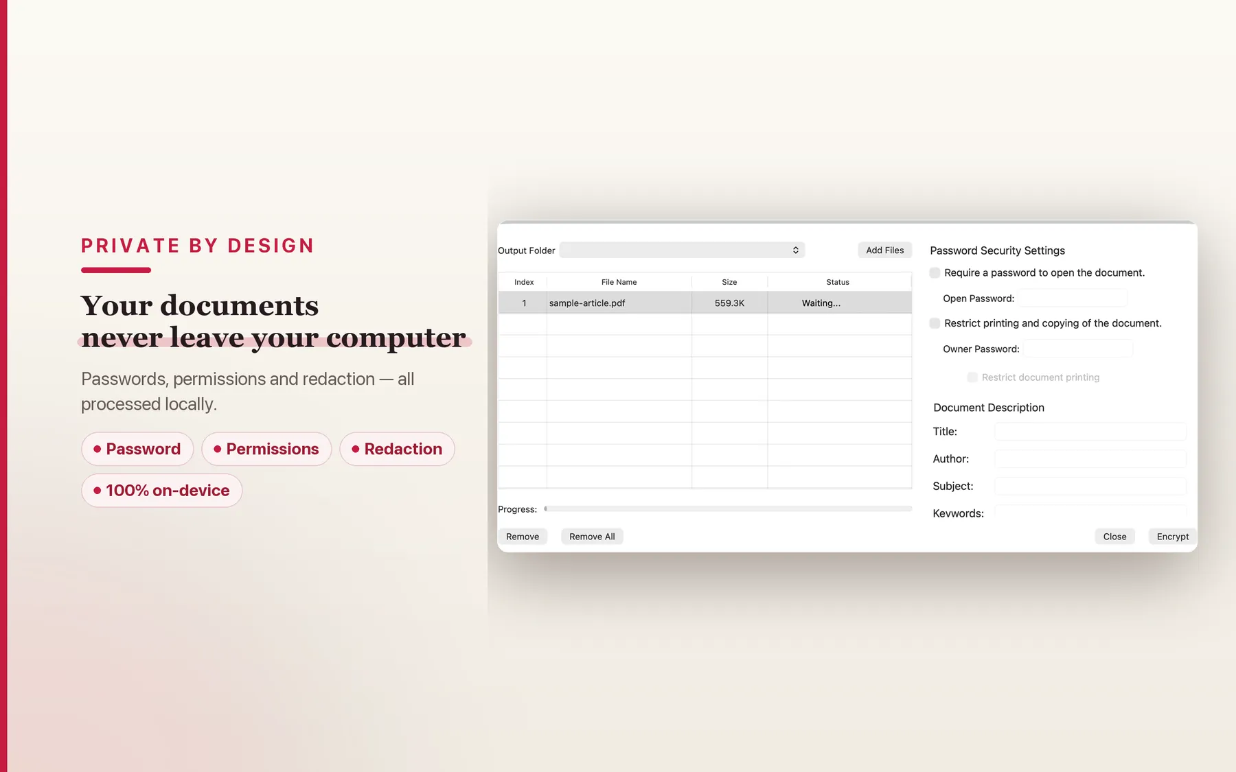 TruePath PDF security view showing local password and permission handling on Mac